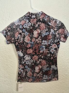 Zoom Black Floral Mesh Short Sleeve Top with Pink & Blue Blooms